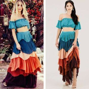 ❌❌SOLD❌❌Akira multicolor pleated Ruffle tier maxi skirt
